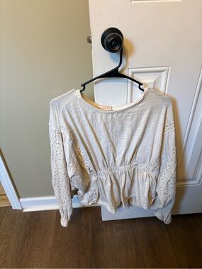 Relaxed Cream Peasant Sweatshirt with Eyelet Sleeves